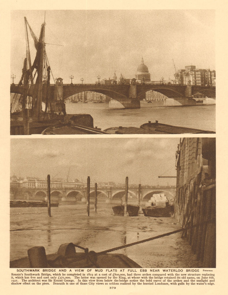 Southwark Bridge & mud flats at full ebb near Waterloo Bridge 1926 old print